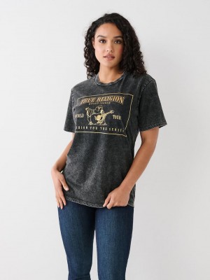 True Religion Acid Wash Logo Relaxed T-Shirts Damen Schwarz | 80937ZGDT