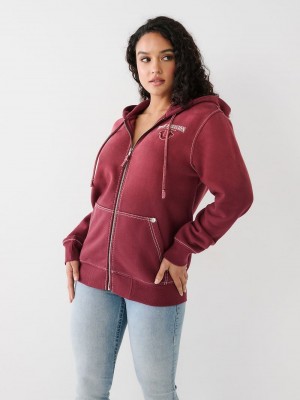 True Religion Big T Logo Zip Relaxed Hoodie Damen Bordeaux | 41587HKEV