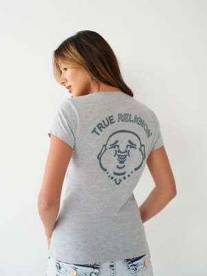 True Religion Buddha Logo V T-Shirts Damen Grau | 59263ARPI
