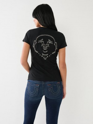 True Religion Crystal Buddha Logo V Neck T-Shirts Damen Schwarz | 38946HJQL