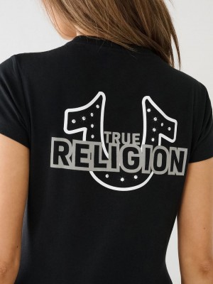 True Religion Crystal Horseshoe Logo V Neck T-Shirts Damen Schwarz | 08274EYCS