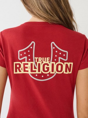 True Religion Crystal Horseshoe Logo V Neck T-Shirts Damen Rot | 16043IFVP
