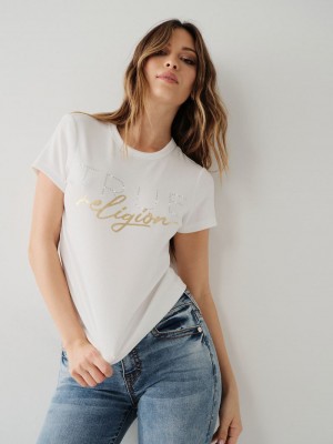 True Religion Crystal Logo T-Shirts Damen Weiß | 17295BYSF