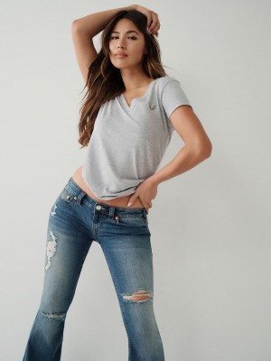 True Religion Crystal Logo V T-Shirts Damen Grau | 79046CUIQ