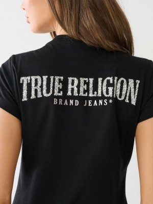 True Religion Crystal V Neck Logo T-Shirts Damen Schwarz | 57891DQXF