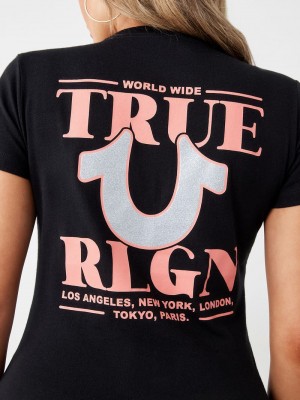 True Religion Glitter World Weite Logo T-Shirts Damen Schwarz | 24150QHSY