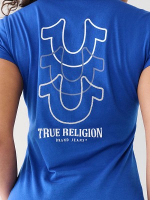 True Religion Horseshoe Logo V T-Shirts Damen Blau | 34187FDTQ