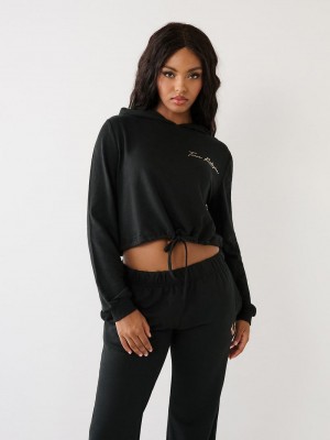 True Religion Logo Crop Hoodie Damen Schwarz | 31798PJUA