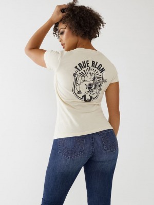 True Religion Logo V T-Shirts Damen Beige | 59873DQFO