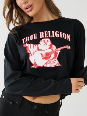 True Religion Long Sleeve Logo Crop T-Shirts Damen Schwarz | 24687PUNW