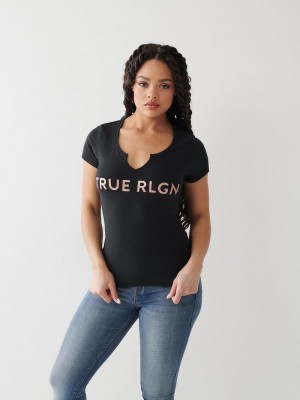 True Religion Notch Logo T-Shirts Damen Schwarz | 52491TLDJ