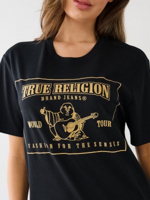 True Religion Reflective Buddha Logo Boyfriend T-Shirts Damen Schwarz | 45261PDJU