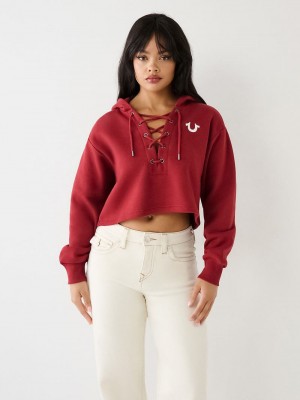 True Religion Spitze Up Logo Crop Hoodie Damen Rot | 09752VKEX