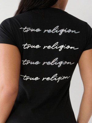True Religion True Crystal V T-Shirts Damen Schwarz | 67394FLWA