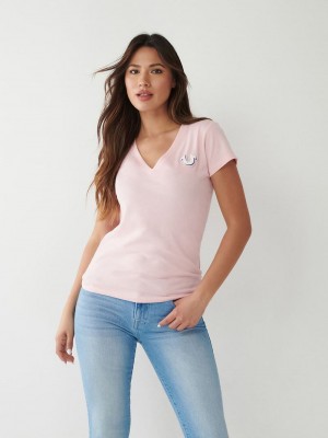 True Religion True Logo V T-Shirts Damen Rosa | 79582KSAF