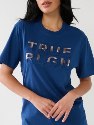 True Religion True Rlgn Logo Boyfriend T-Shirts Damen Blau | 37501OVSU