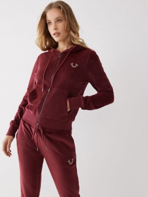 True Religion Velour Logo Zip Hoodie Damen Bordeaux | 93786IMJL