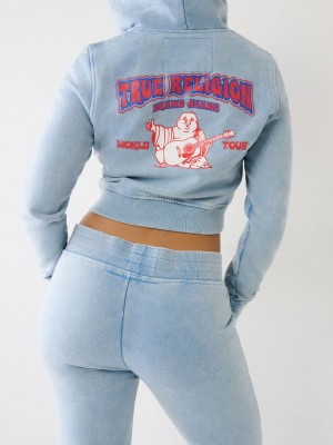 True Religion Washed Big T Logo Crop Hoodie Damen Hellblau | 70461APDG