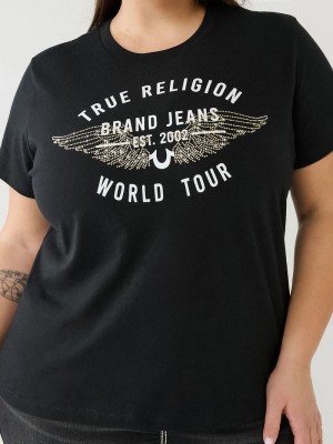 True Religion World Tour Retro Crystal Slim Crew Logo T-Shirts Damen Schwarz | 80425BUWN