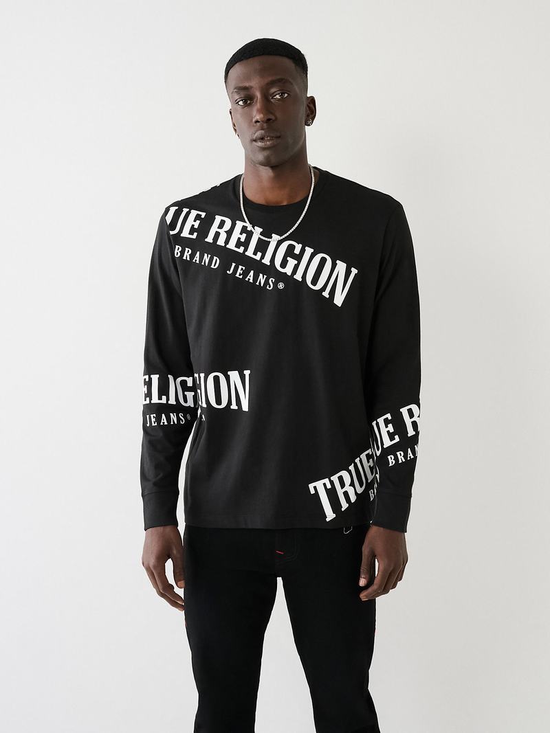 True Religion Long Sleeve Logo Relaxed T-Shirts Herren Schwarz | 90548ARQH