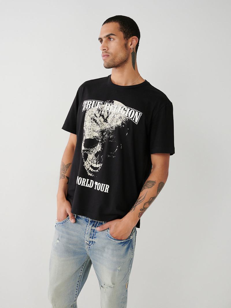 True Religion Skull World Tour Relaxed T-Shirts Herren Schwarz | 63925BDRA