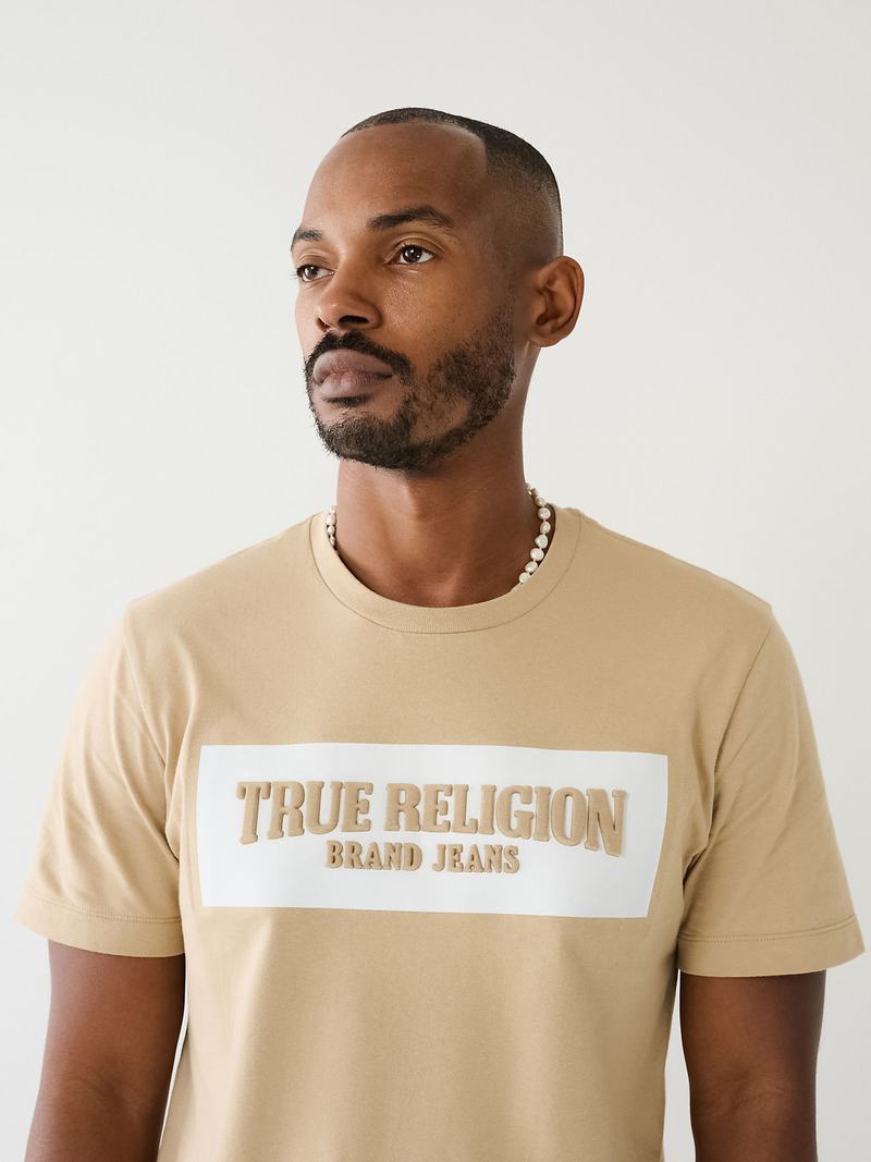 True Religion Embossed Arch Logo T-Shirts Herren Beige | 20948YBUT
