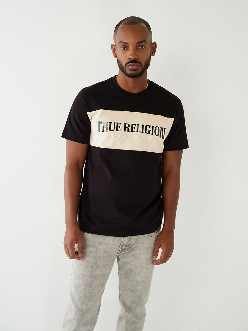 True Religion Color Block True Logo T-Shirts Herren Schwarz | 65043QULG