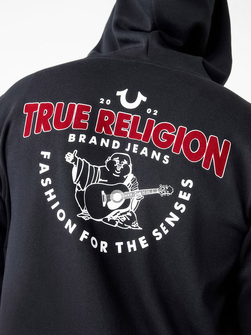 True Religion Flocked Buddha Logo Zip Hoodie Herren Schwarz | 65134VBHR