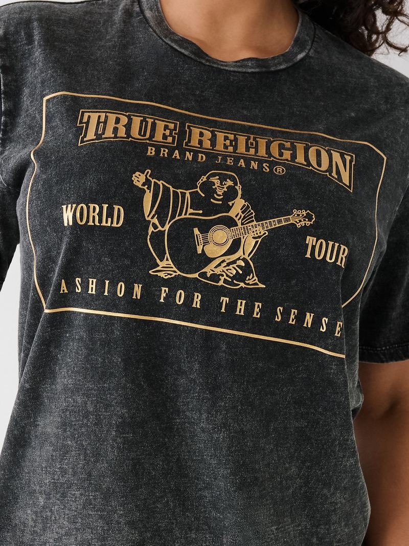 True Religion Acid Wash Logo Relaxed T-Shirts Damen Schwarz | 80937ZGDT