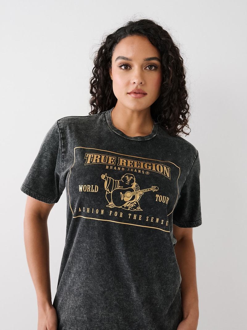 True Religion Acid Wash Logo Relaxed T-Shirts Damen Schwarz | 80937ZGDT