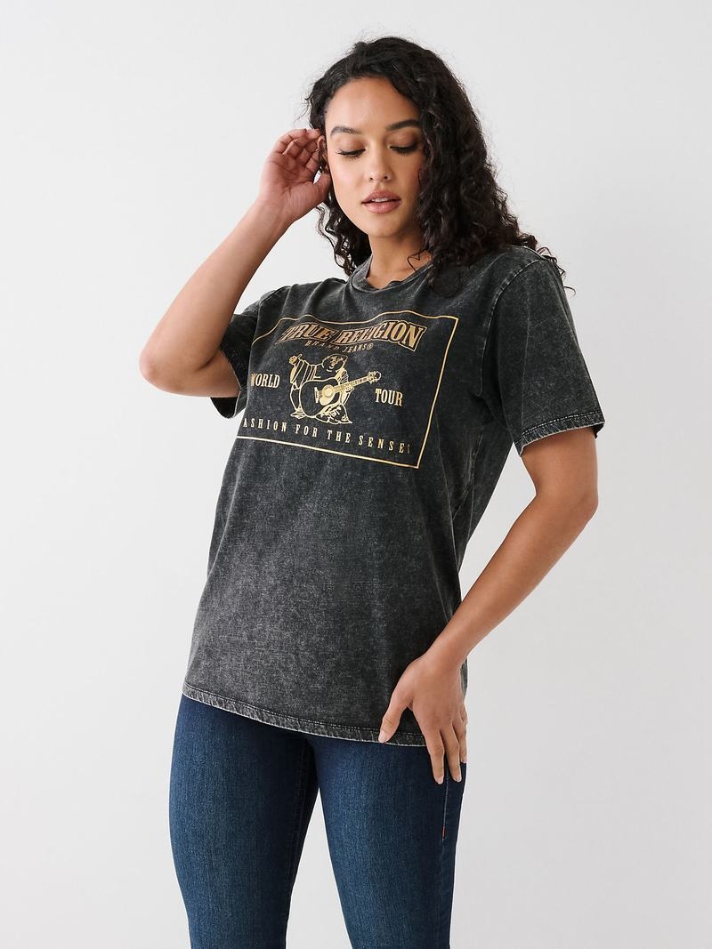 True Religion Acid Wash Logo Relaxed T-Shirts Damen Schwarz | 80937ZGDT