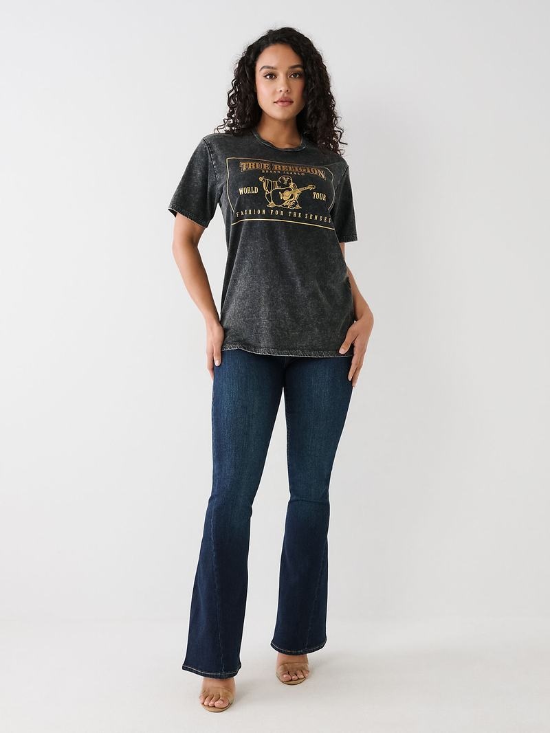 True Religion Acid Wash Logo Relaxed T-Shirts Damen Schwarz | 80937ZGDT