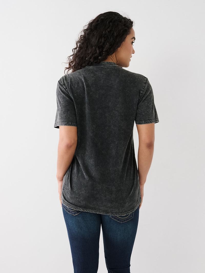 True Religion Acid Wash Logo Relaxed T-Shirts Damen Schwarz | 80937ZGDT