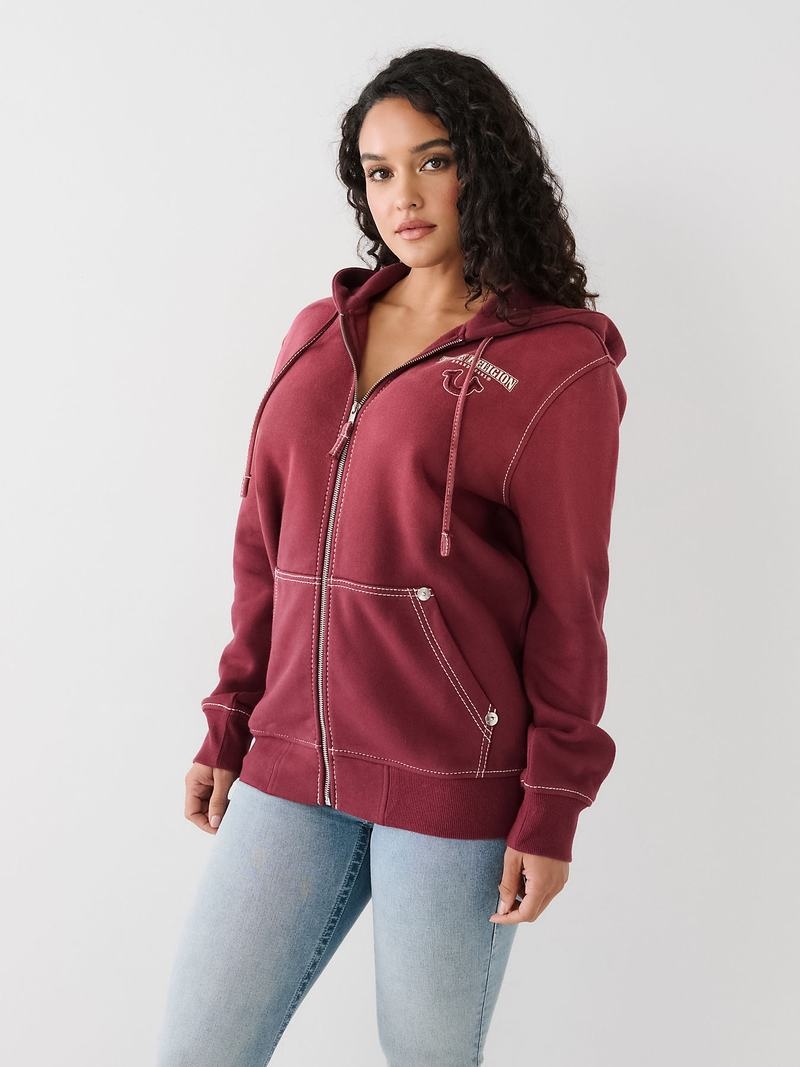 True Religion Big T Logo Zip Relaxed Hoodie Damen Bordeaux | 41587HKEV