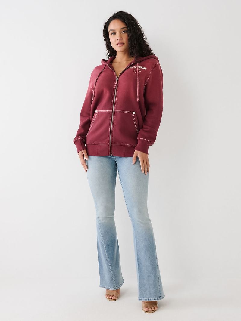 True Religion Big T Logo Zip Relaxed Hoodie Damen Bordeaux | 41587HKEV