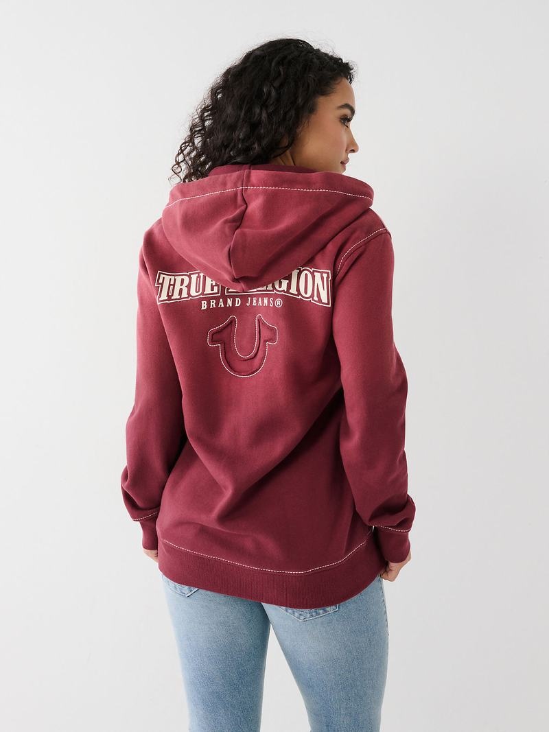 True Religion Big T Logo Zip Relaxed Hoodie Damen Bordeaux | 41587HKEV