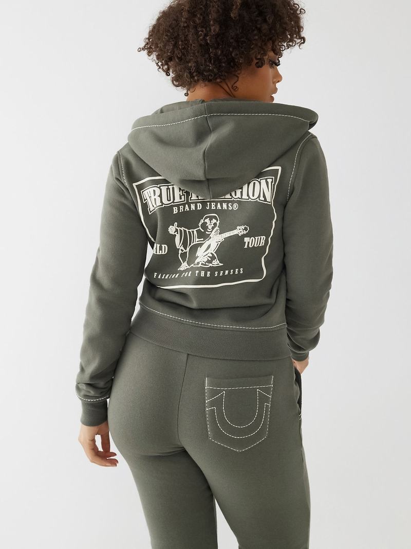 True Religion Big T Stitch Logo Zip Hoodie Damen Grau Grün | 61758MIUY