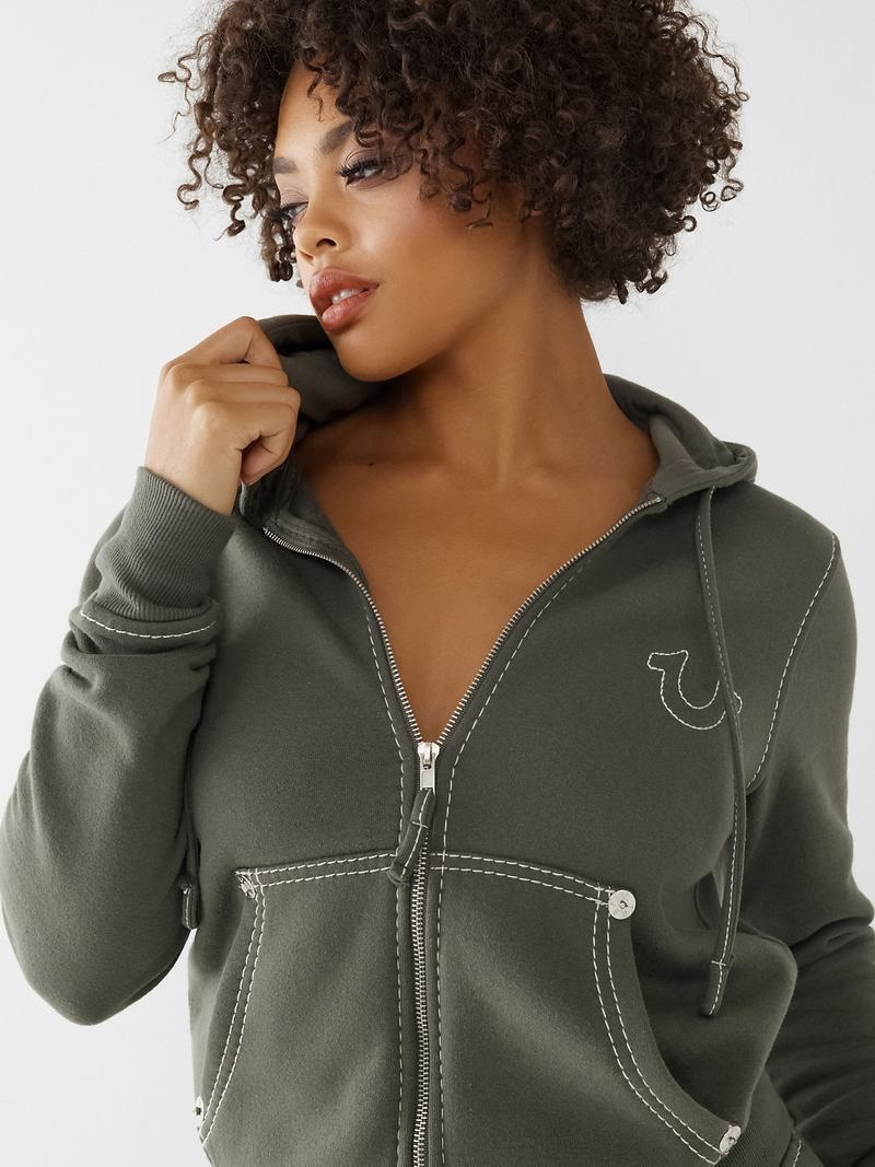 True Religion Big T Stitch Logo Zip Hoodie Damen Grau Grün | 61758MIUY