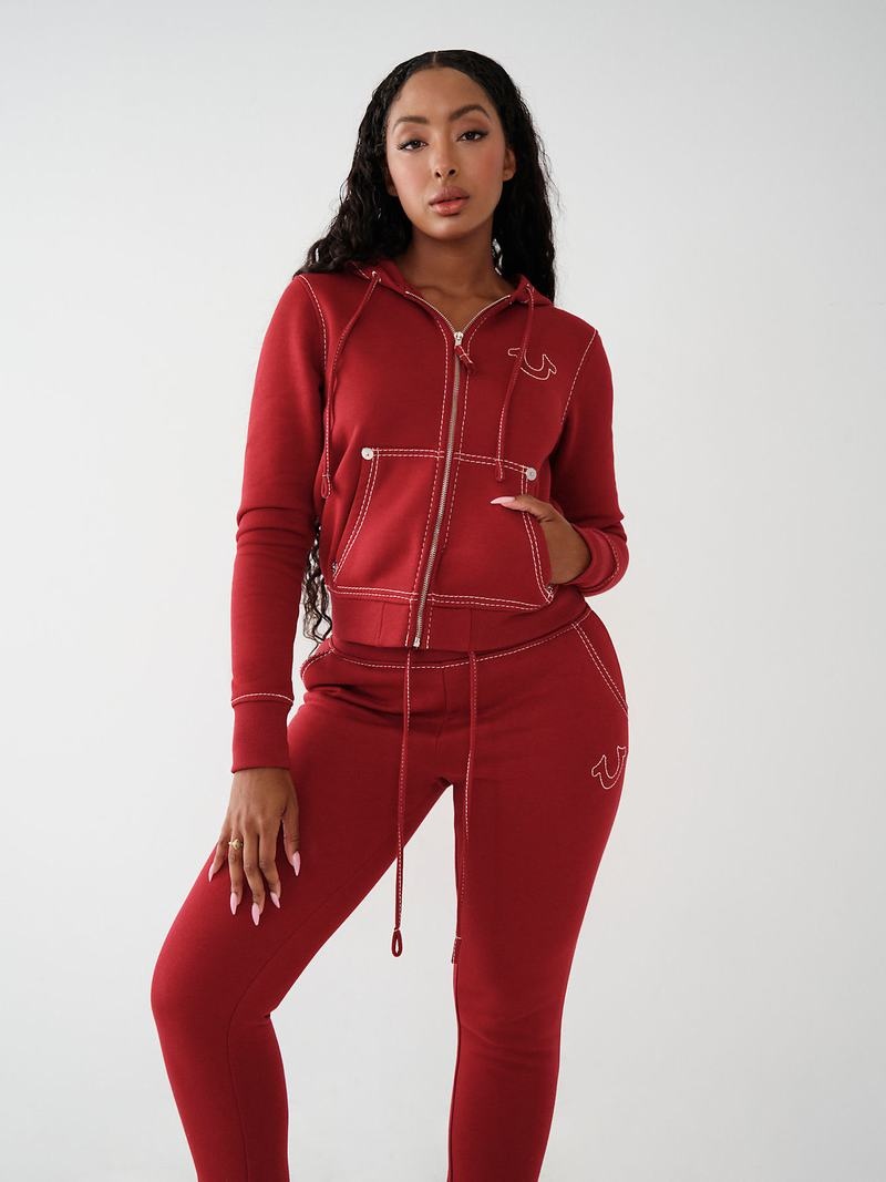 True Religion Big T Stitch Logo Zip Hoodie Damen Rot | 85647OCEN