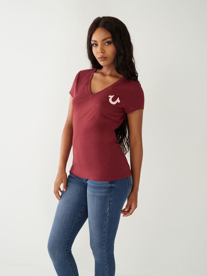 True Religion Buddha Logo V T-Shirts Damen Bordeaux | 18276PDQV