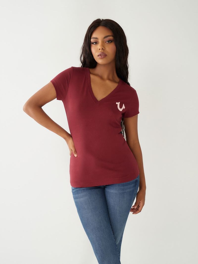 True Religion Buddha Logo V T-Shirts Damen Bordeaux | 18276PDQV