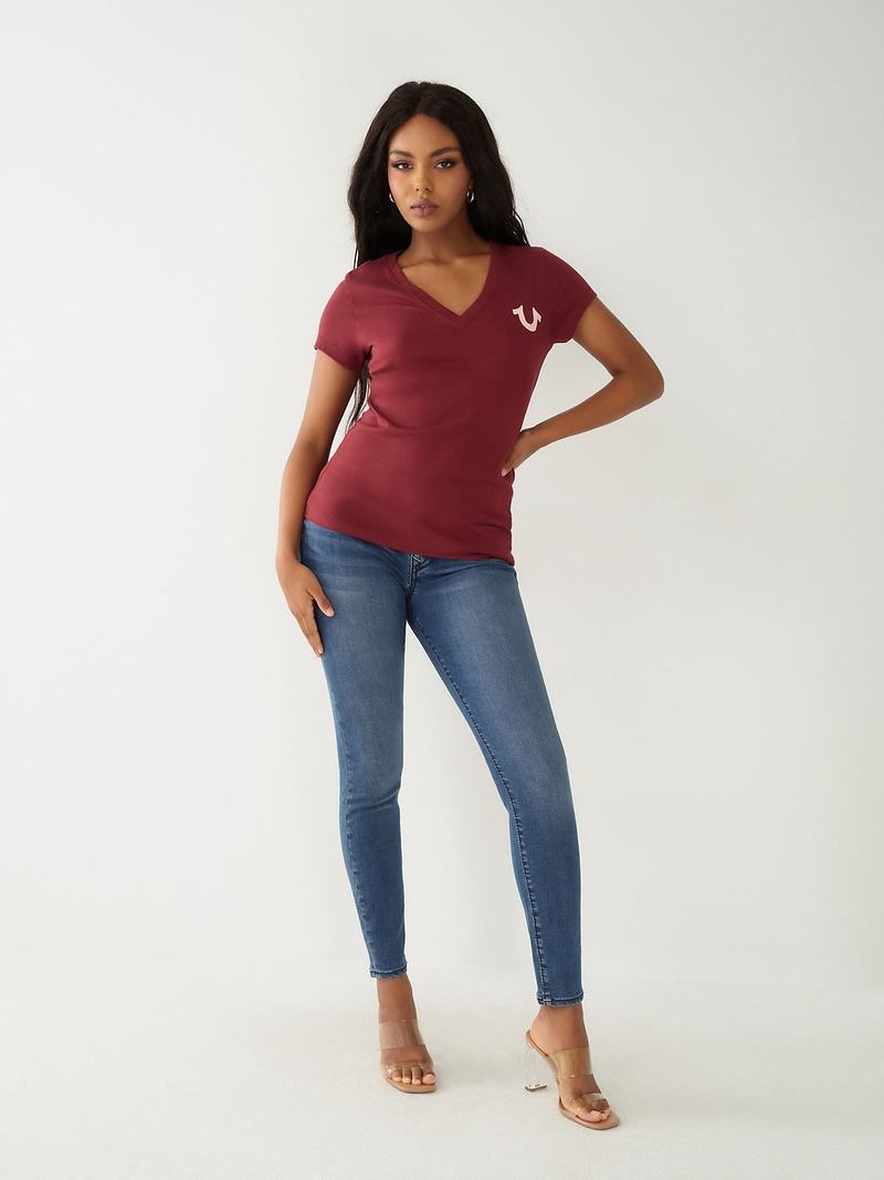 True Religion Buddha Logo V T-Shirts Damen Bordeaux | 18276PDQV