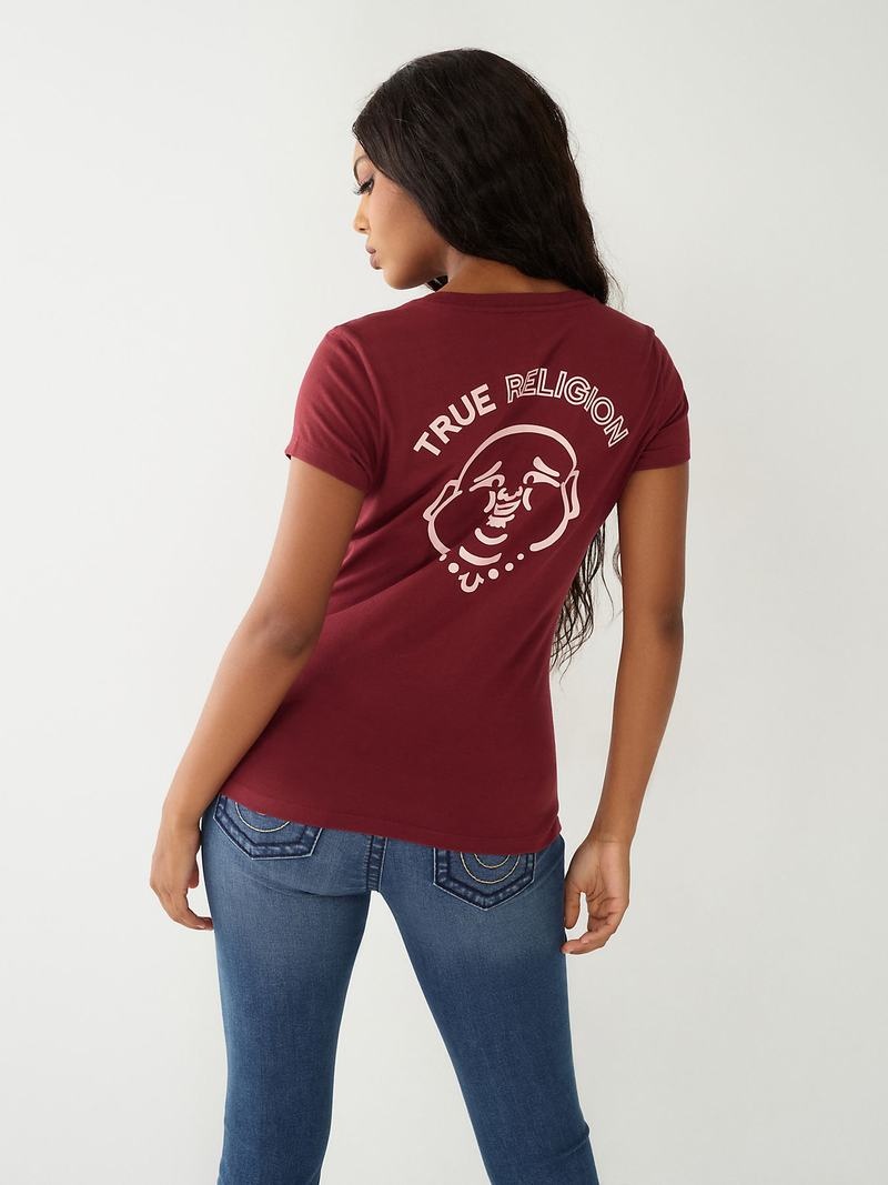 True Religion Buddha Logo V T-Shirts Damen Bordeaux | 18276PDQV