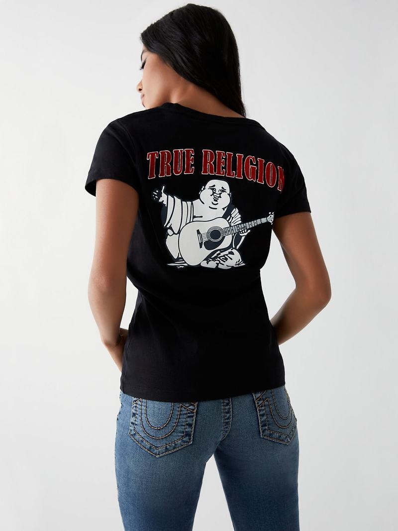 True Religion Buddha Logo V T-Shirts Damen Schwarz | 09745AMNH