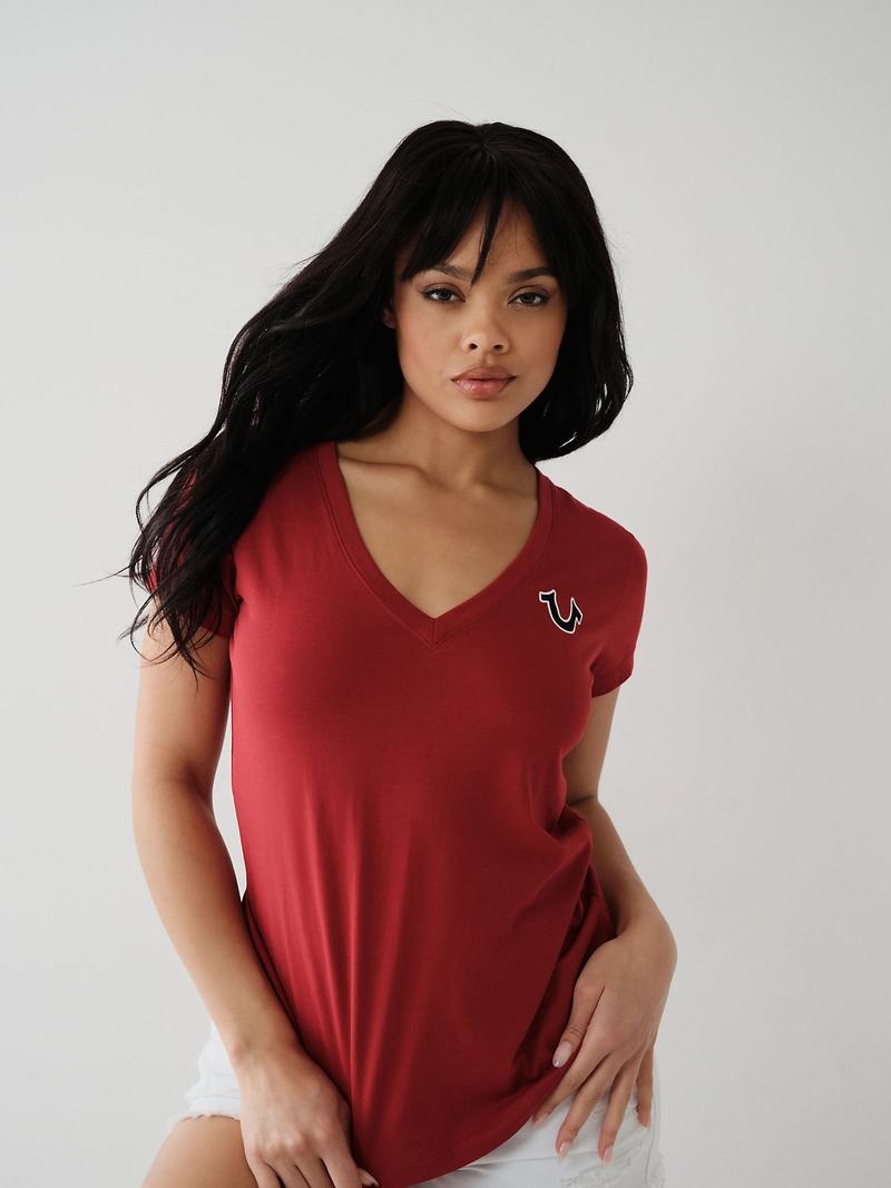 True Religion Buddha Logo V T-Shirts Damen Rot | 89174UTXB