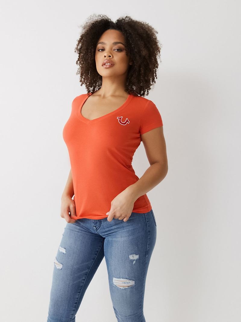 True Religion Buddha Logo V T-Shirts Damen Orange | 19863MPGS