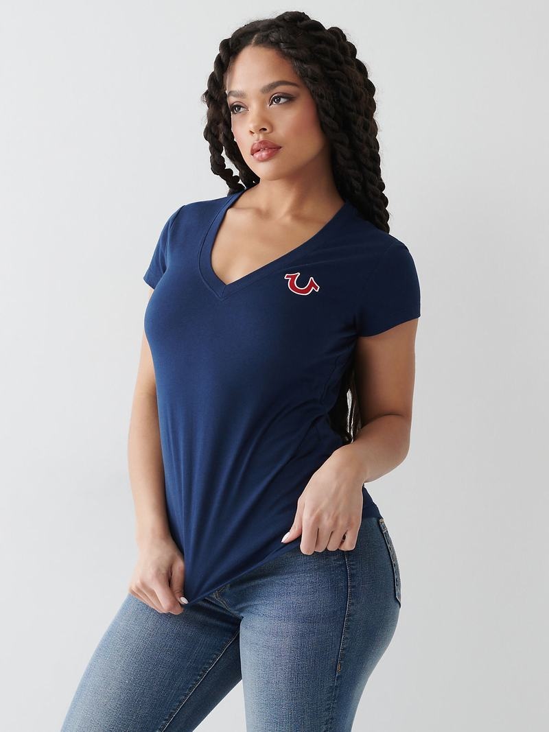 True Religion Buddha Logo V T-Shirts Damen Navy Blau | 67190JOYI