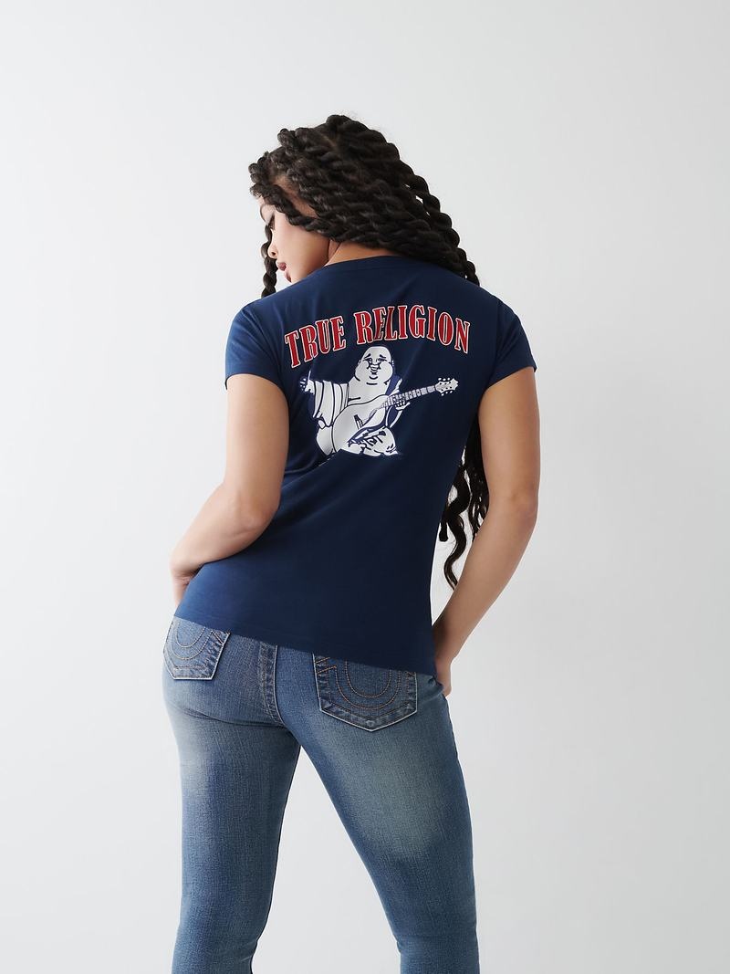 True Religion Buddha Logo V T-Shirts Damen Navy Blau | 67190JOYI