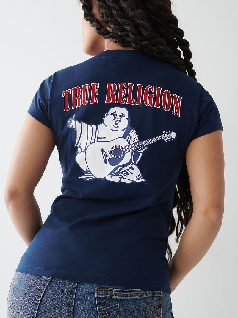 True Religion Buddha Logo V T-Shirts Damen Navy Blau | 67190JOYI