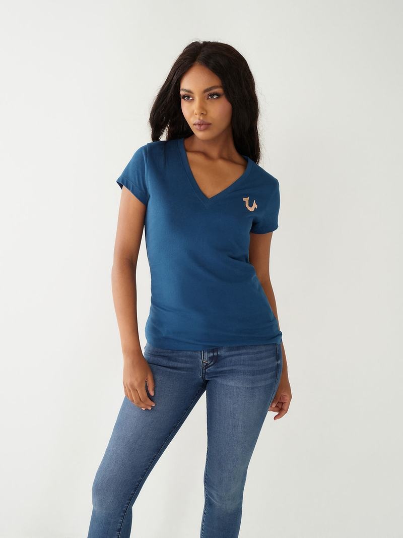 True Religion Buddha Logo V T-Shirts Damen Navy | 62749AHYK